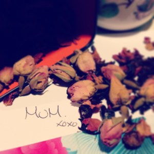 Ruby Red Rose Hip tea beside my favourite word