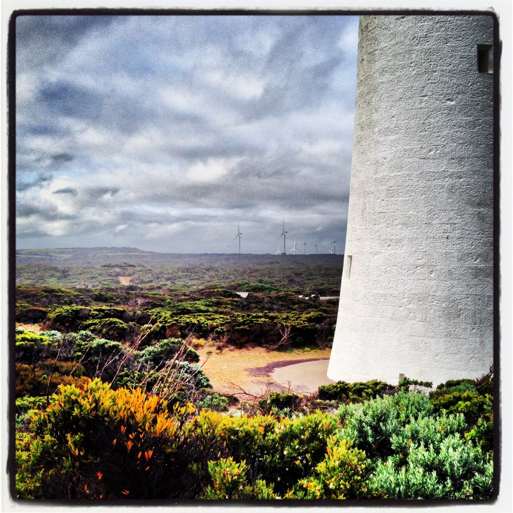 Wind Turbine farm in distance, Cape Nelson Lighthouse (foreground)