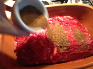 Sprinkle dry spice mix over pork with tomato paste