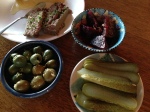 'deli' dinner, marinated beets, dill pickle, olives with fresh lemon zest, and homemade paté