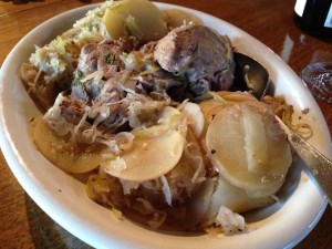 Pork scotch fillet with potato, sauerkraut and cabbage