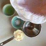 premeasured ingredients (milk is on the stove) and straining setup